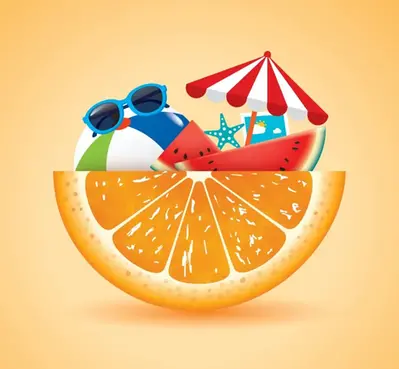 Ett bildmontage av en orange apelsinklyfta, en badboll, solglasögon, vattenmelonskivor, en sjöstjärna, ett parasoll i rött och vitt och ett vykort.