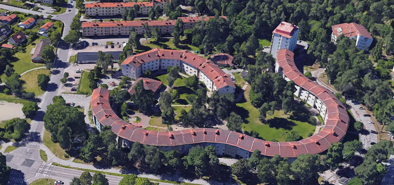 Flygbild över kvarteret Krumeluren på Hammarby. Foto: Google Maps