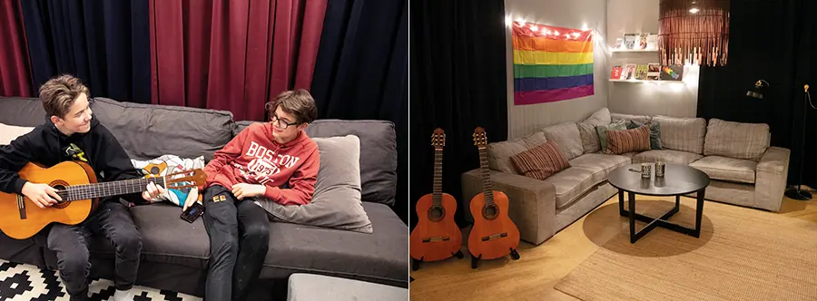 Montage av två bilder. Två personer som sitter i en soffa och spelar gitarr och Irsta fritidsgård