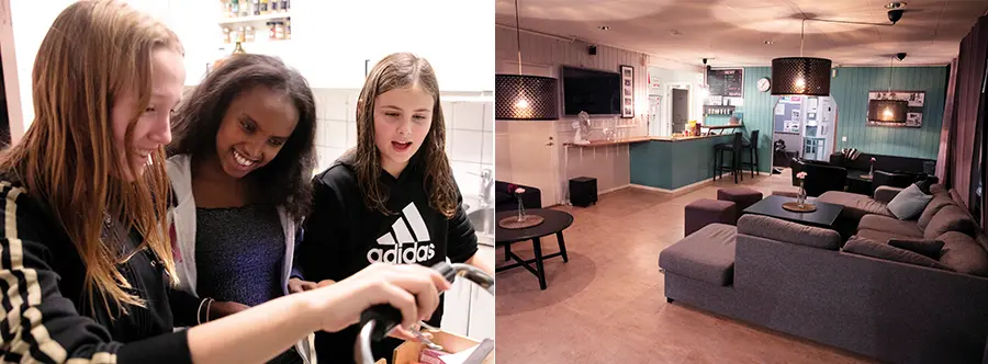 Montage av två bilder. Tre barn som lagar mat och Viksängs fritidsklubb. 
