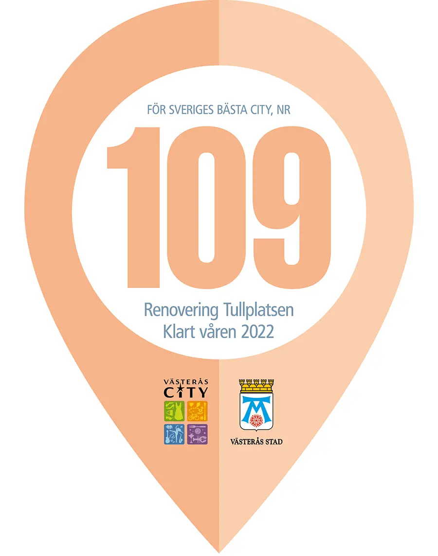 Droppformad ikon med texten För Sveriges bästa city, projektnummer 109. Renovering Tullplatsen, klart våren 2022.