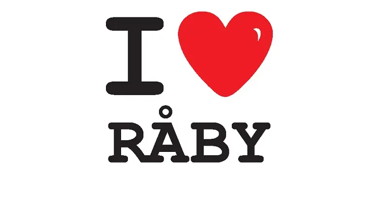 Bild med engelska texten I love Råby. Texten love är ersatt med ett rött hjärta. I love Råby betyder jag älskar Råby.