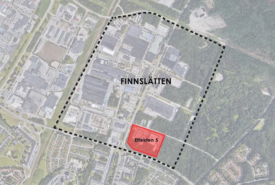 Flygfoto över Finnslätten med planområdet markerat i rött