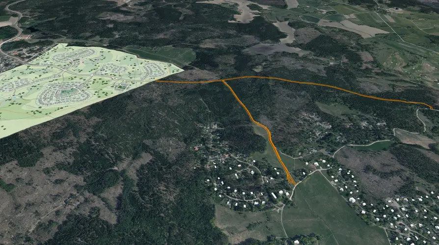3D-karta över ny väg från Gäddeholm till södra Kärrbolandet.