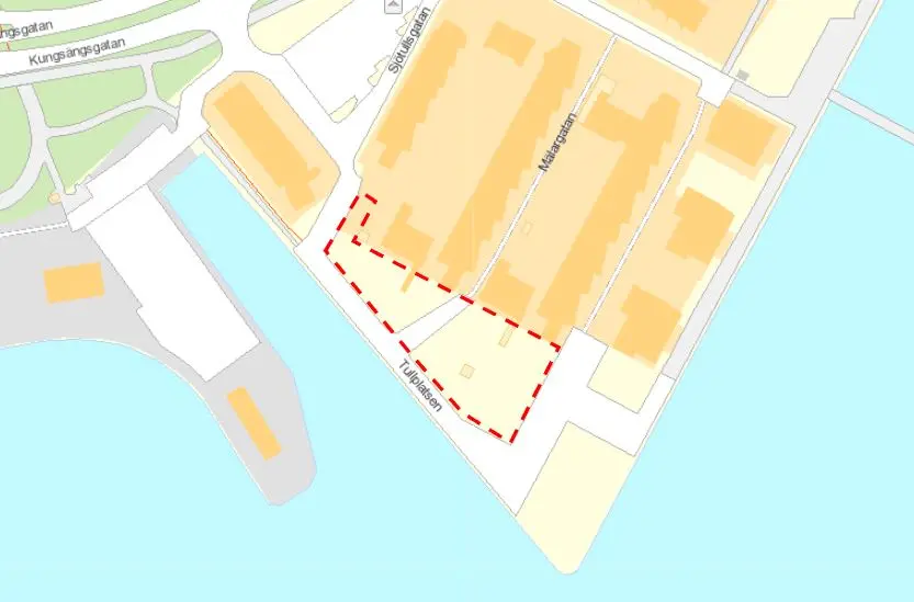 Karta över Östra hamnen och området som berörs av renoveringen. Det ligger precis framför A-grill och Kajens Café. 