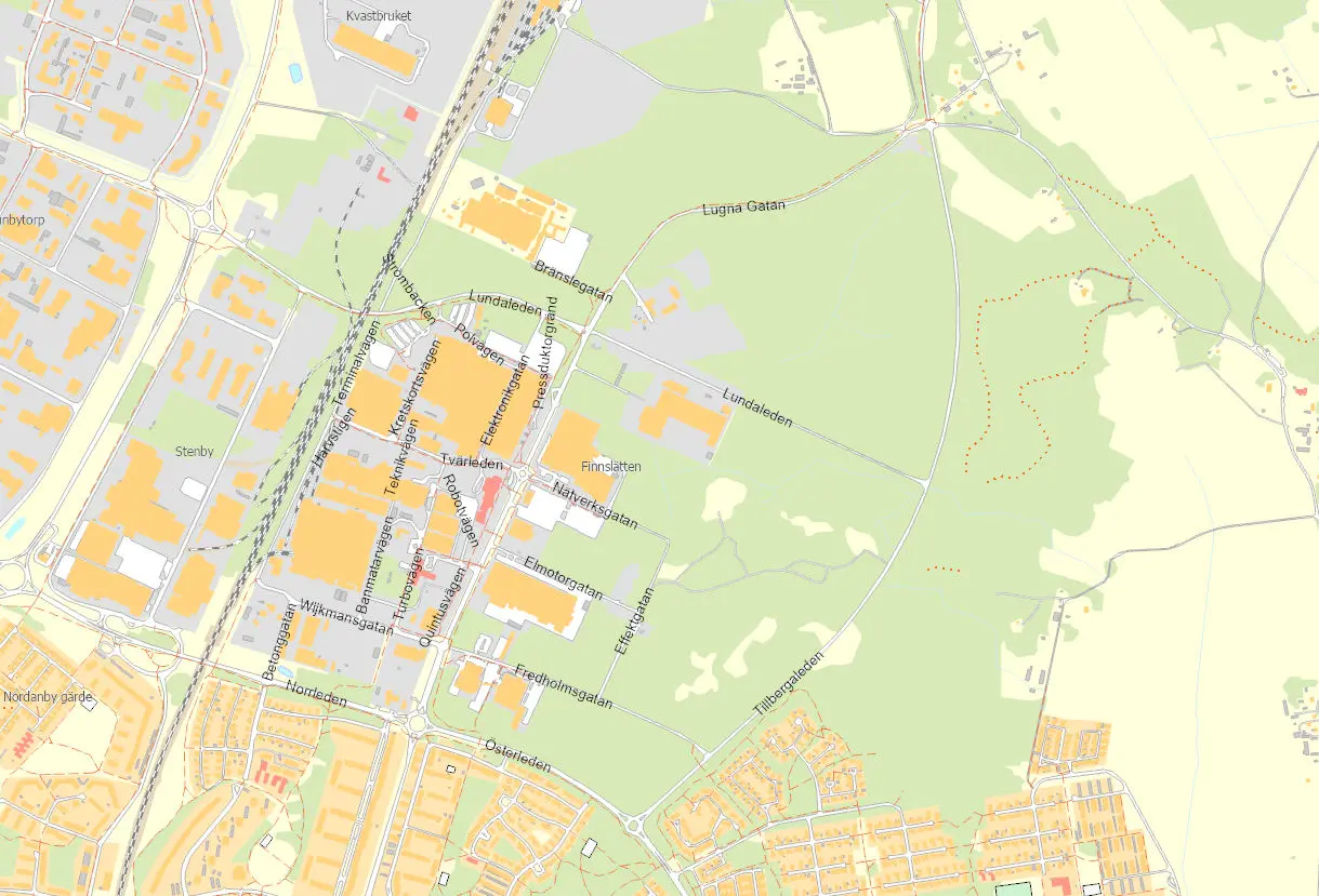 Bilden är en karta som visar området Finnslätten i Västerås.