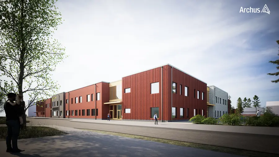 Ny byggnad för Persboskolan, bibliotek och fritidsgård. Vy från Vallonvägen.