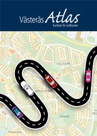 Framsidesbild på kartan Västerås Atlas med texten Västerås Atlas kartbok för trafikanter