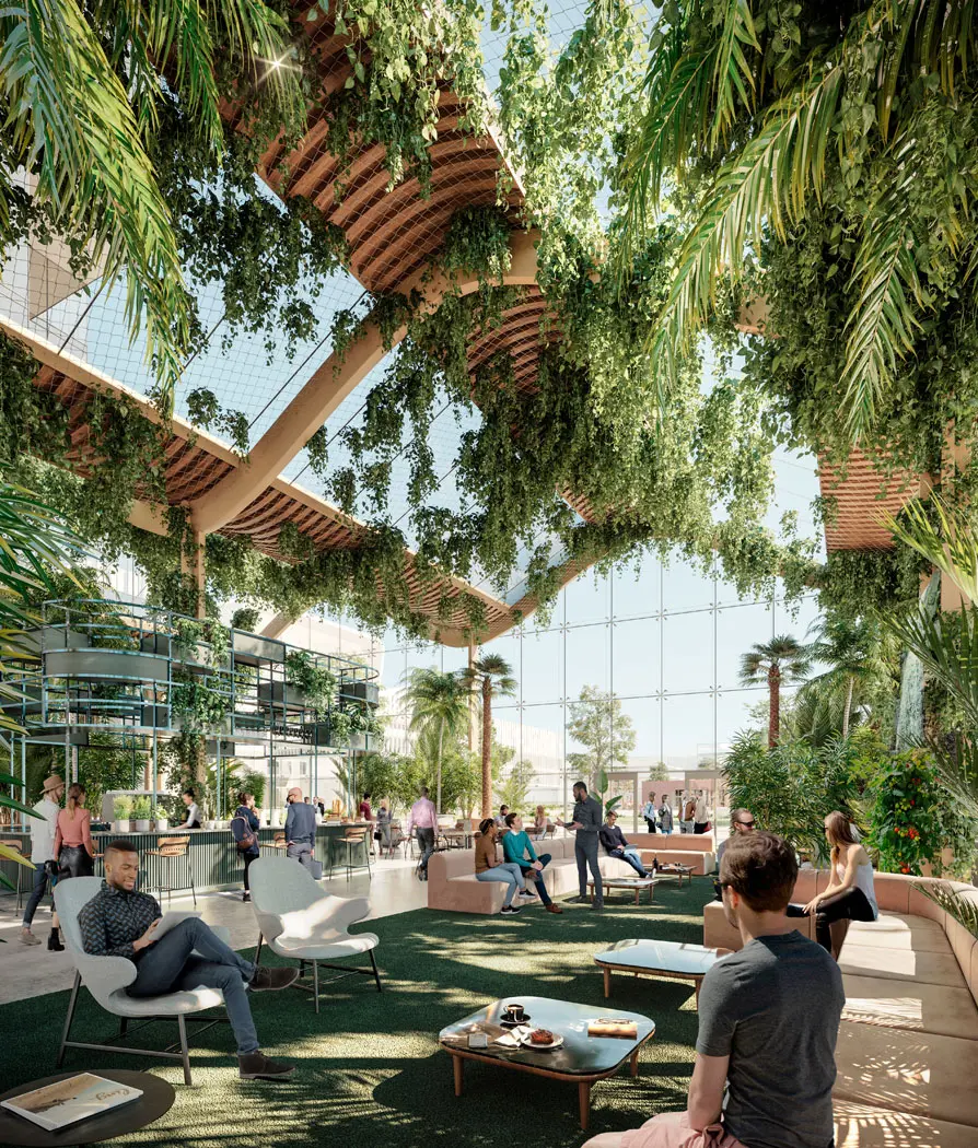 Illustration av Tovatt Architects & Planners AB visar Oasen där människor sitter och fikar och det hänger växtlighet från glastaket
