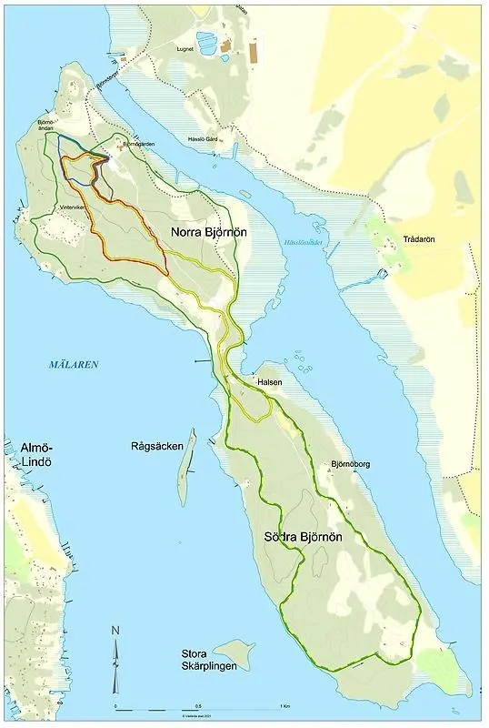 Karta över motionsspåren på Björnön.