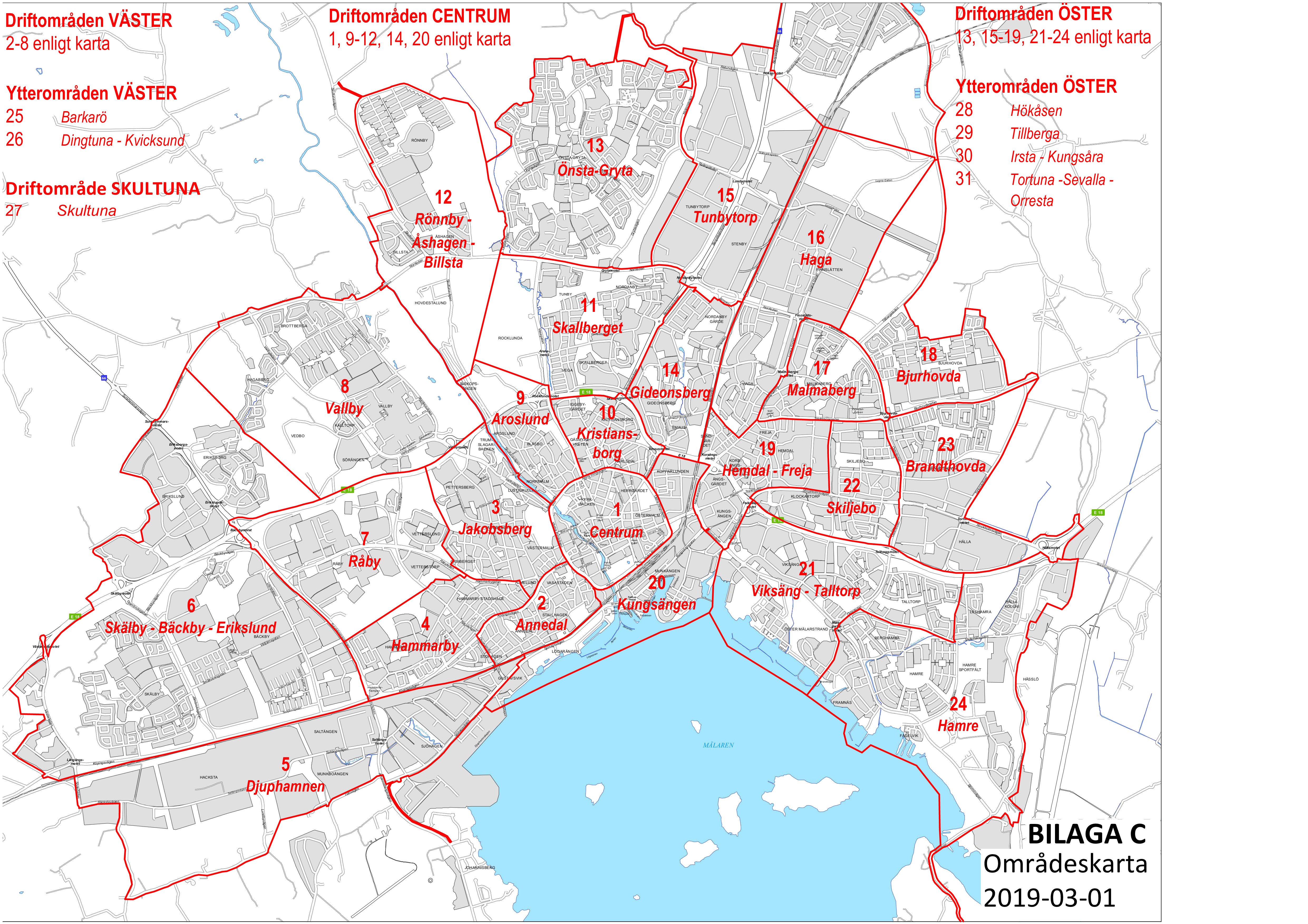 Karta över Västerås som visar vilka gator som innehåller tjärbeläggning