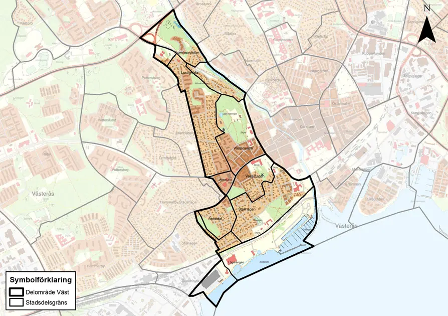 Karta där delområde innerstaden väst är markerat.