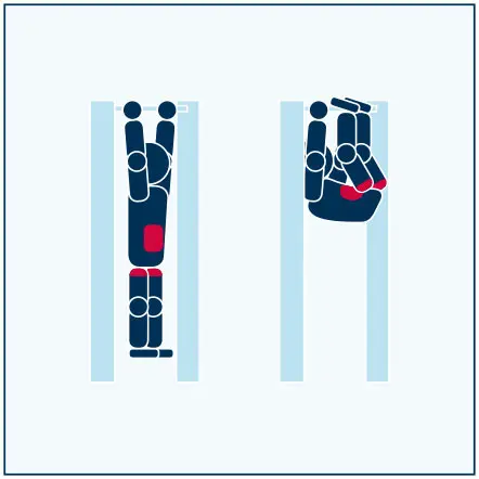 Illustration av övning där du tar tårna från marken till fingertopparna när du hänger i chinsstången.