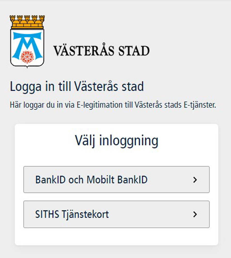 Inloggningsruta till Västerås stad e-tjänster med e-legitimation, där man väljer mellan BankID och Mobilt BankID samt SITHS Tjänstekort. 