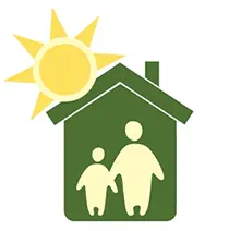 Illustration av ett hus med två figurer i. Figurerna ser ut att vara en vuxen och ett barn. Huset har en sol på taket.