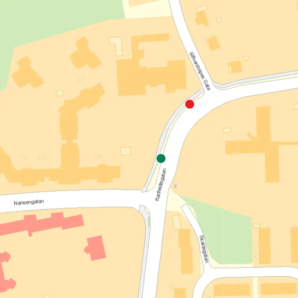 Karta över Karlfeldtsgatan som visar var ordinarie och tillfällig busshållplats finns.