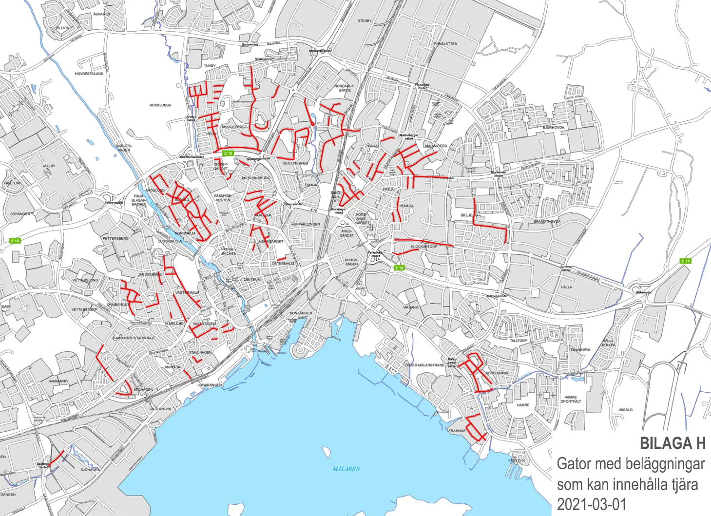 Karta över Västerås som visar gator med beläggningar som kan innehålla tjära. 
