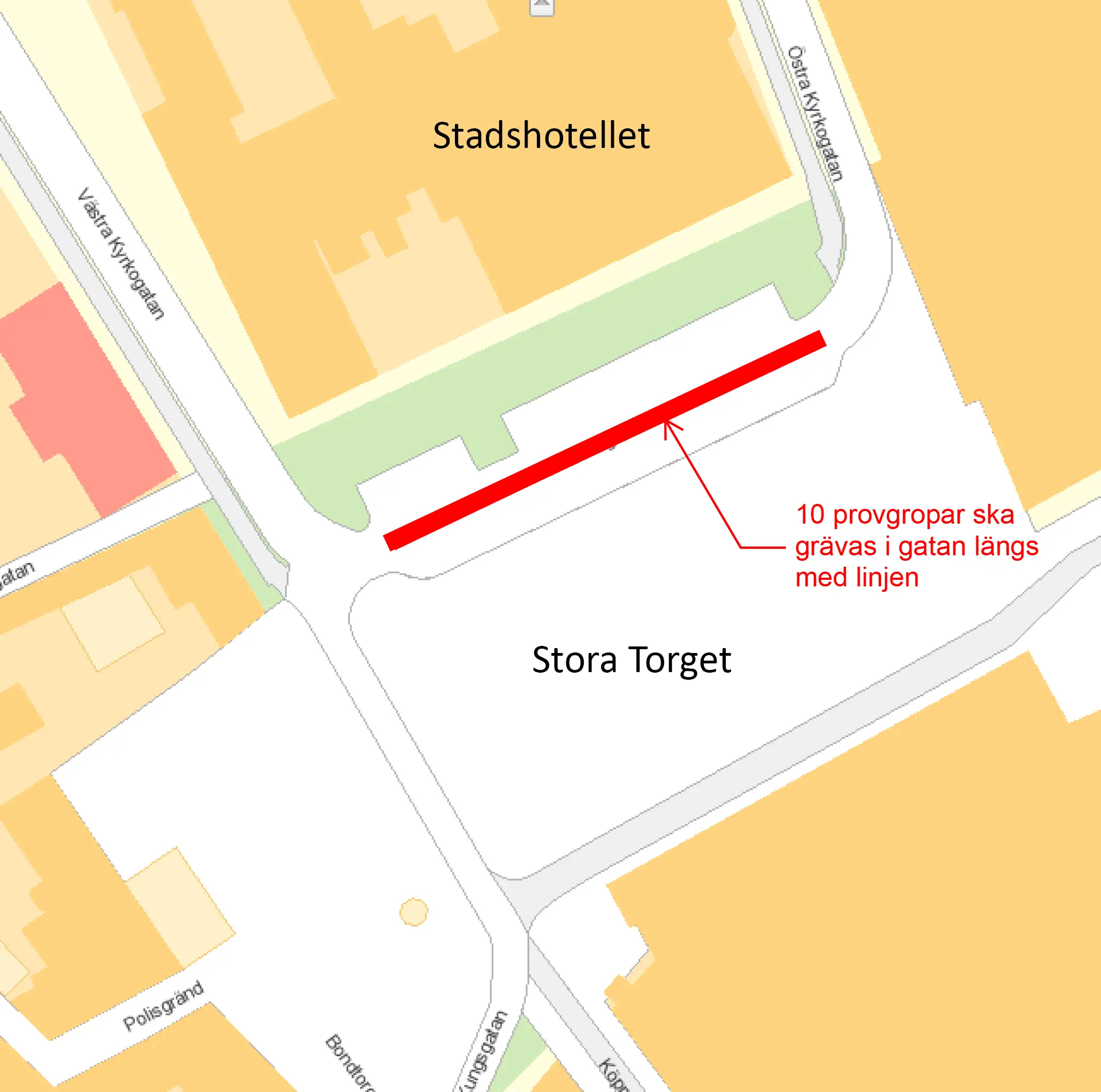 Vi kommer att gräva på gång- och cykelbanan längs Sigmahuset, på torgytan samt vid trottoaren och parkeringarna framför Stadshotellet.