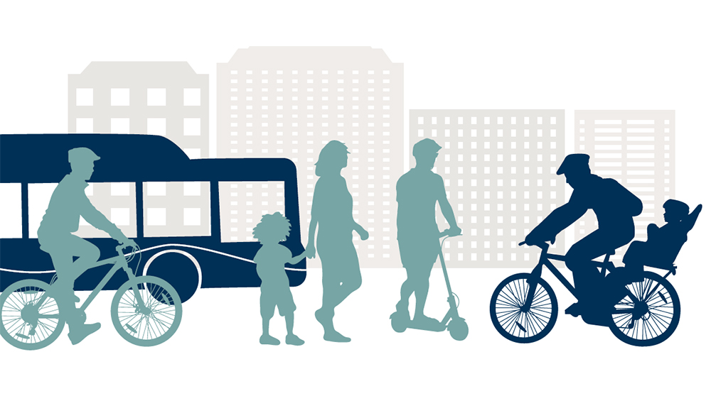 Ikoner på olika människor som promenerar, cyklar, åker sparkcykel och buss.