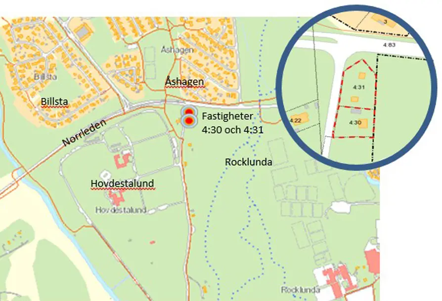 Karta där planområdet på Rocklunda är inringat med rött