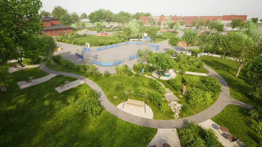 3D-animering av Drömfabrikens utemiljö. Vi ser gröna buskar, multiarenor och lekutrustning.